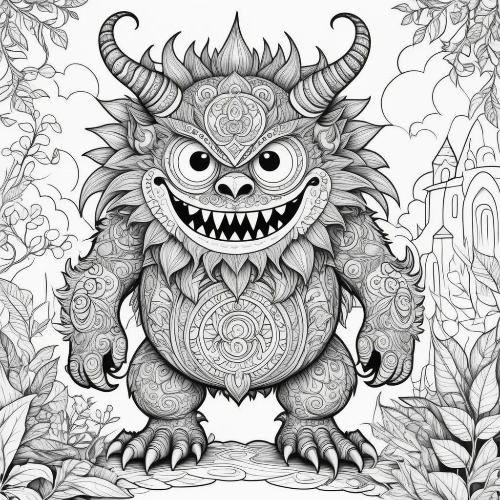 monster coloring page with horns, eyes, and a smile