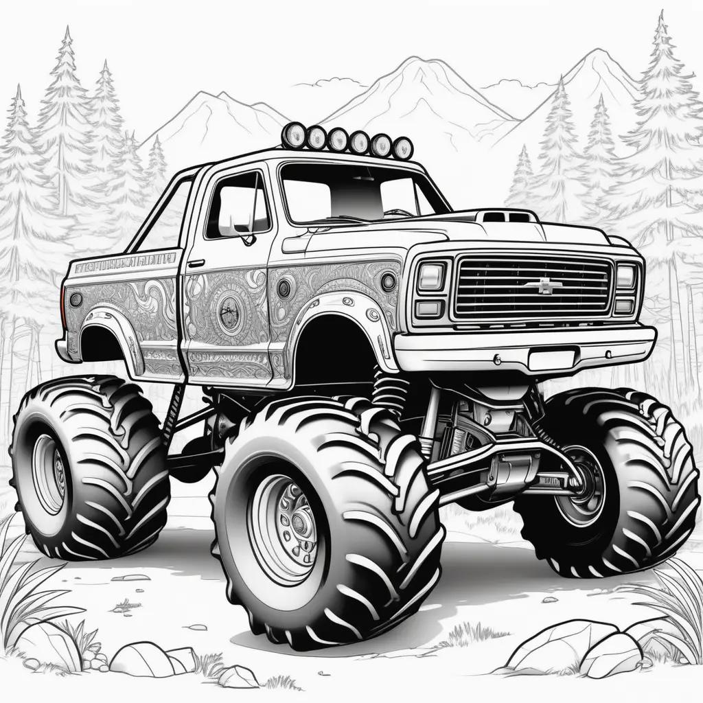 monster truck coloring page features a large truck with four large tires and four headlights