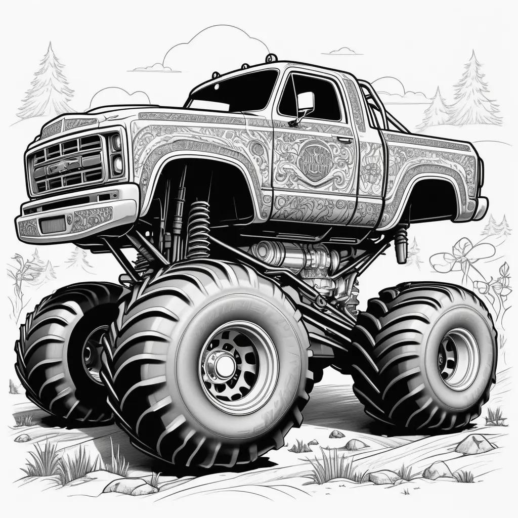 monster truck coloring page in black and white