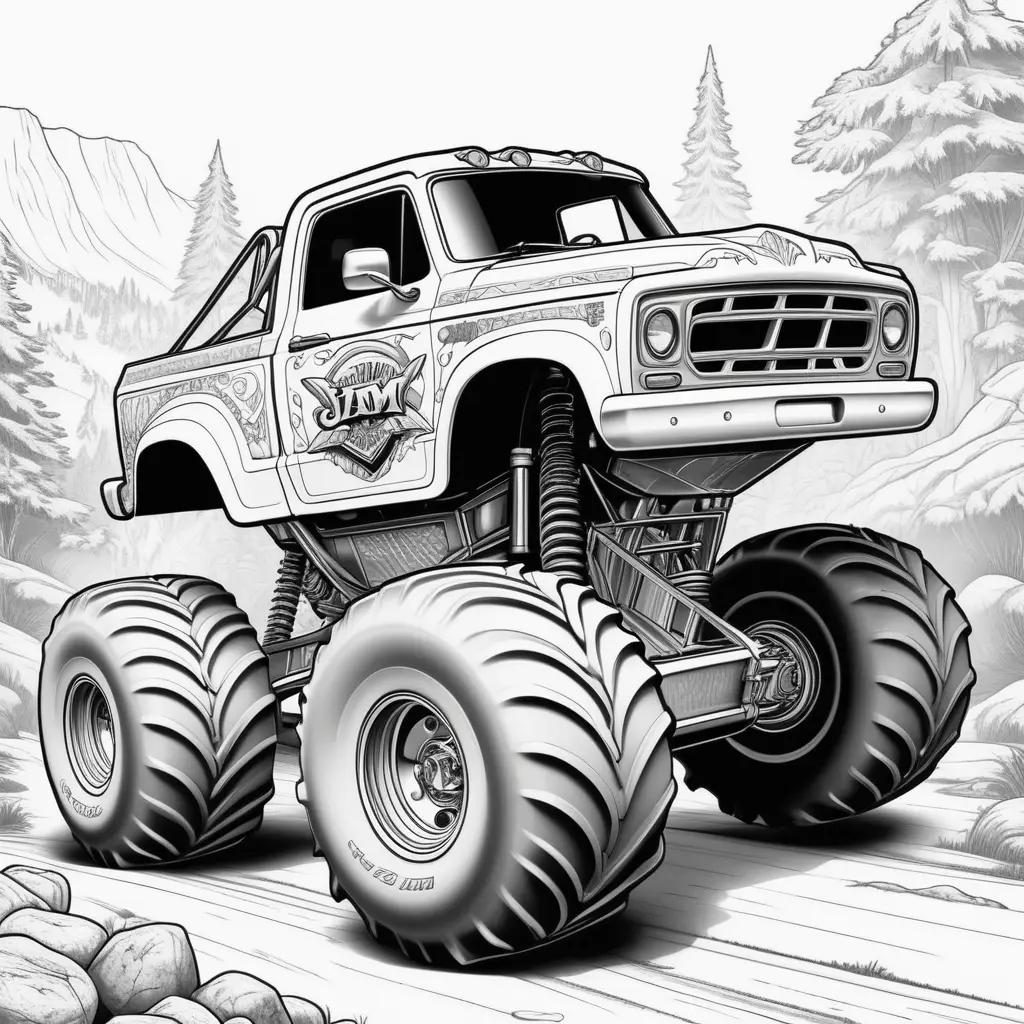 monster truck coloring page with a forest background