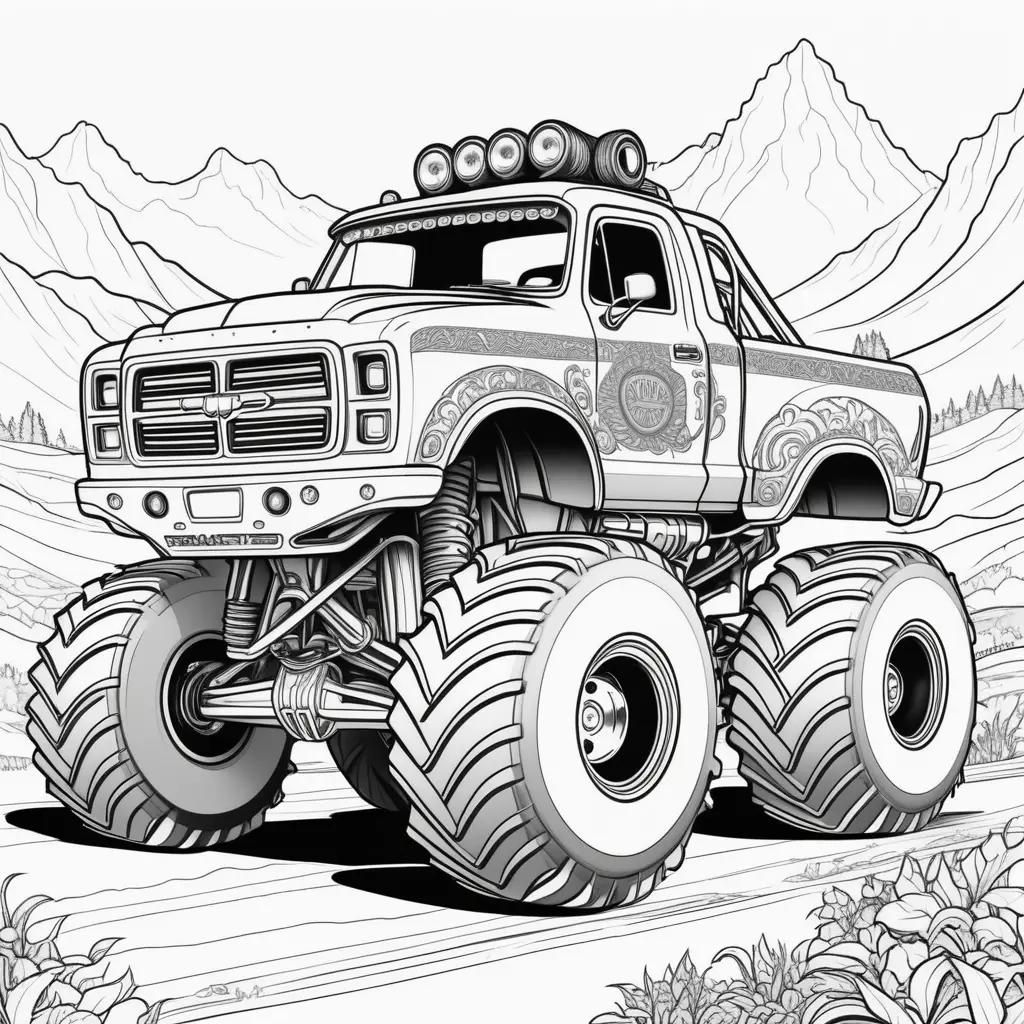 monster truck coloring page with mountains in the background