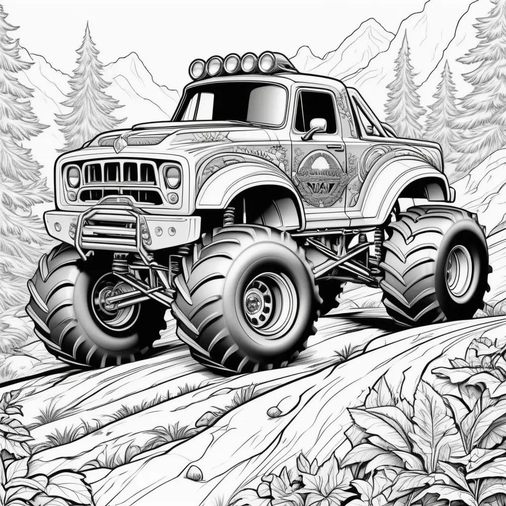 monster truck in a forest coloring page