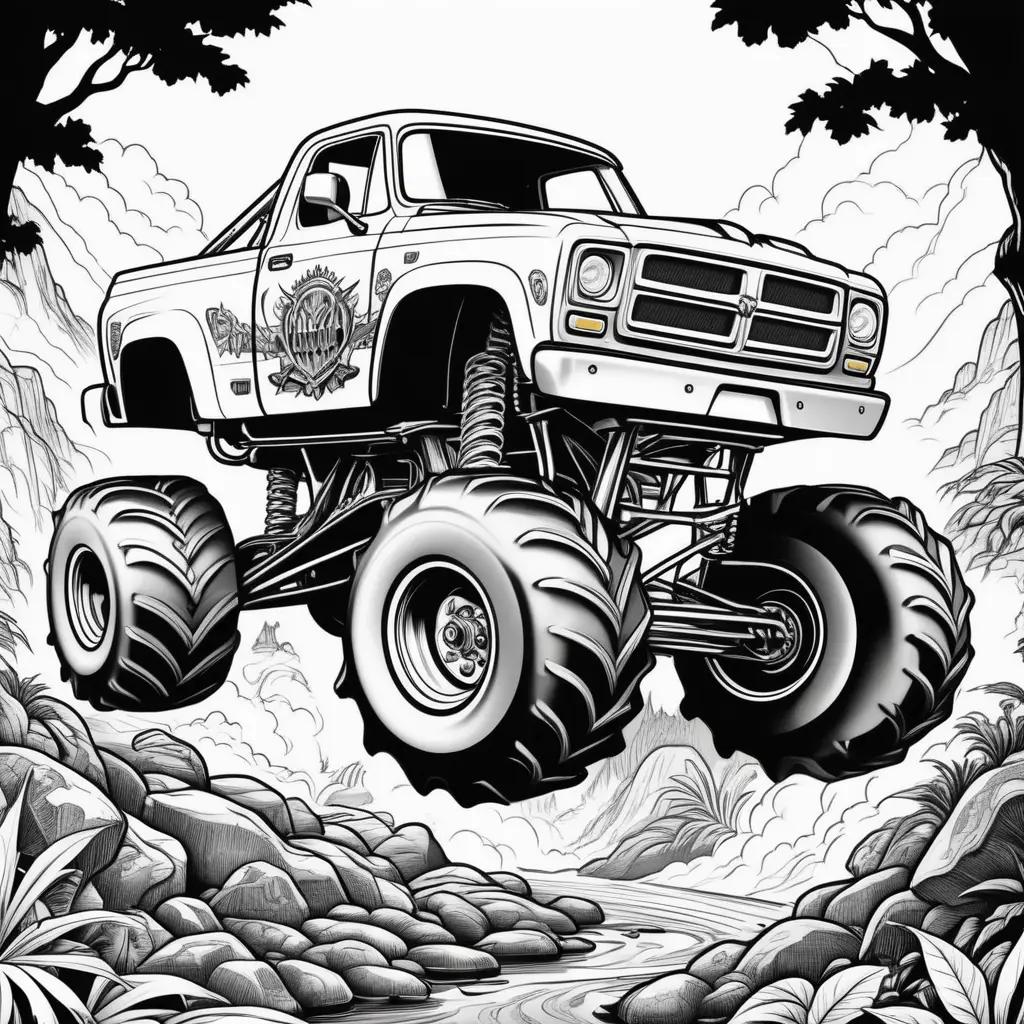 monster truck in a jungle with trees and rocks