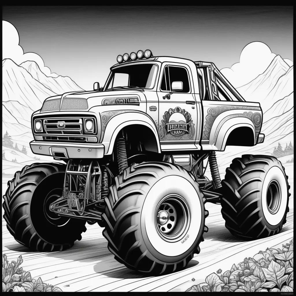 monster truck is colored in for a black and white drawing