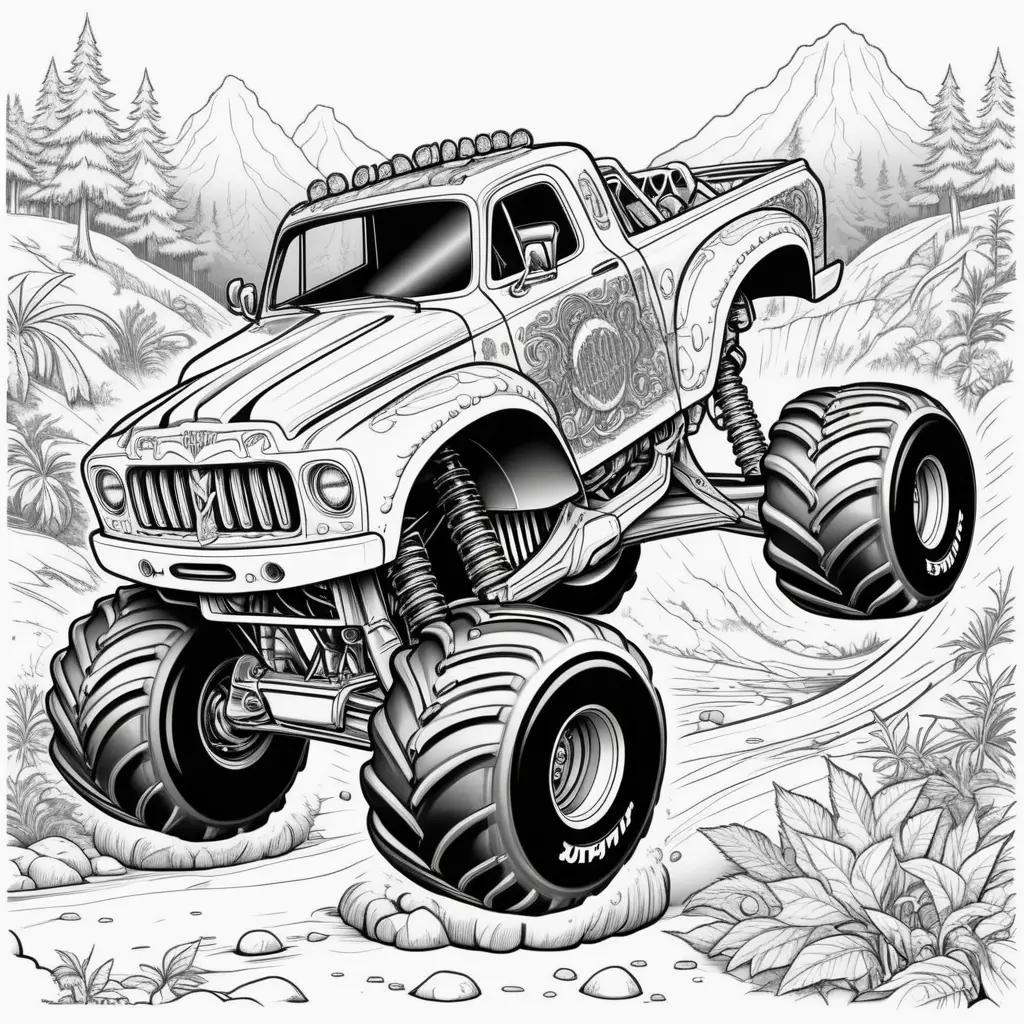 monster truck is jumping in the woods