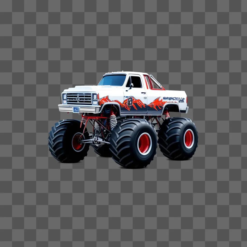 monster truck with red tires and flames on the side