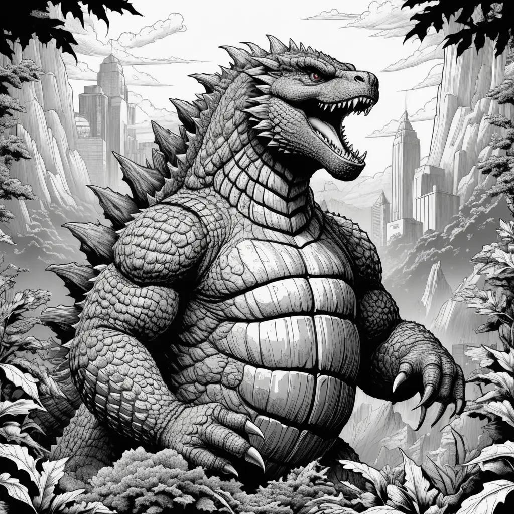 monstrous Godzilla drawing in black and white