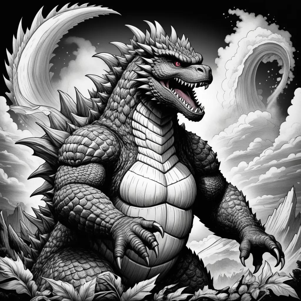 monstrous Godzilla with red eyes in a black and white color page