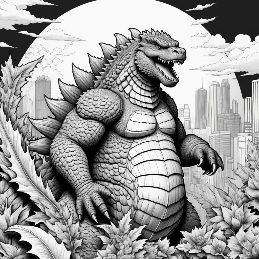 monstrous creature in a cityscape, Godzilla coloring pages