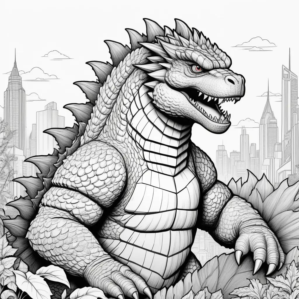 monstrous godzilla coloring page in black and white