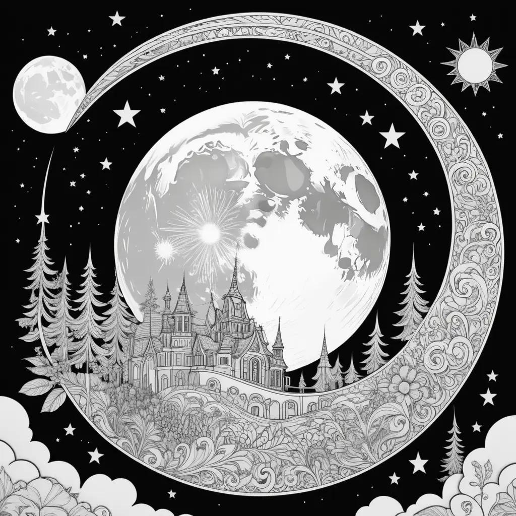 moon coloring page with a castle and stars