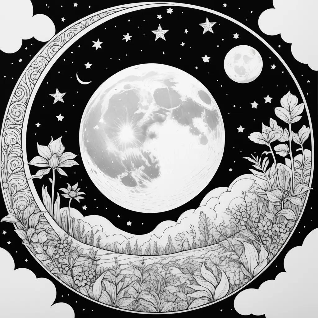 moon coloring page with a circle design