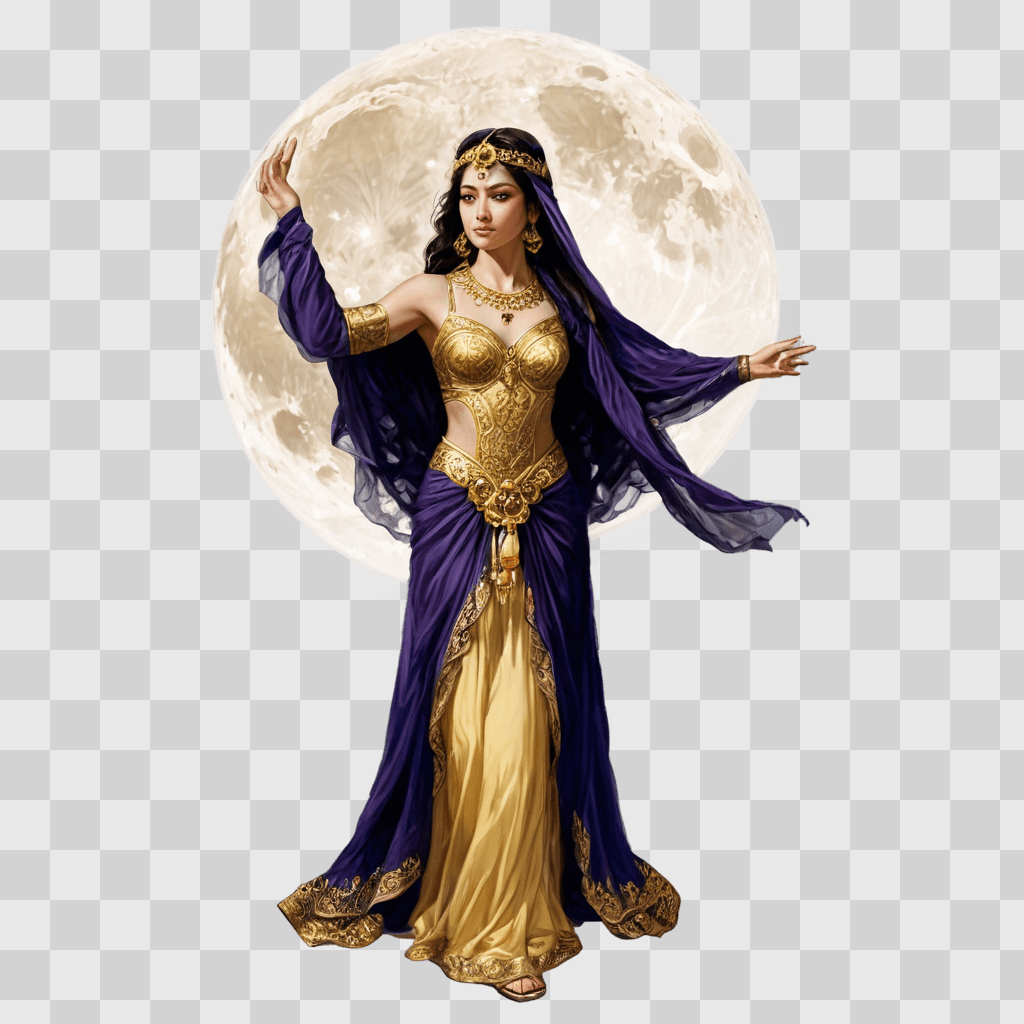 moon drawing A woman in a purple dress and gold dress standing in front of a moon