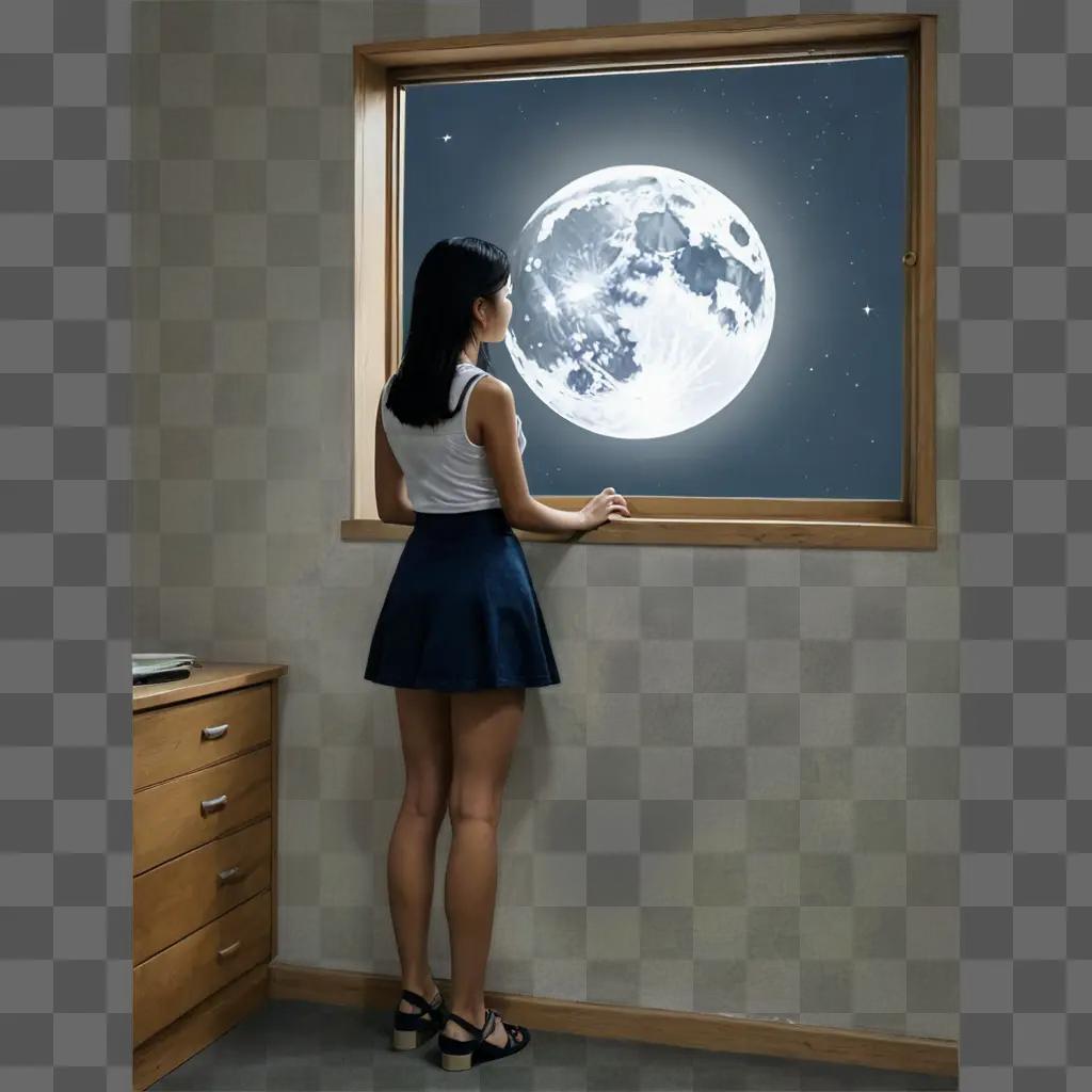 moon drawing A woman looks out the window at a moon in the sky