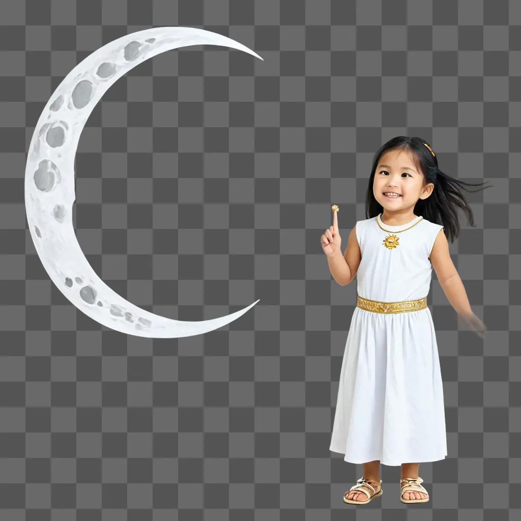 moon drawing for kids A girl in a white dress stands next to a crescent moon