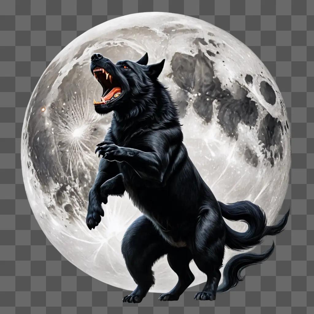 moon drawing realistic A black wolf stands on its hind legs with a full moon behind it