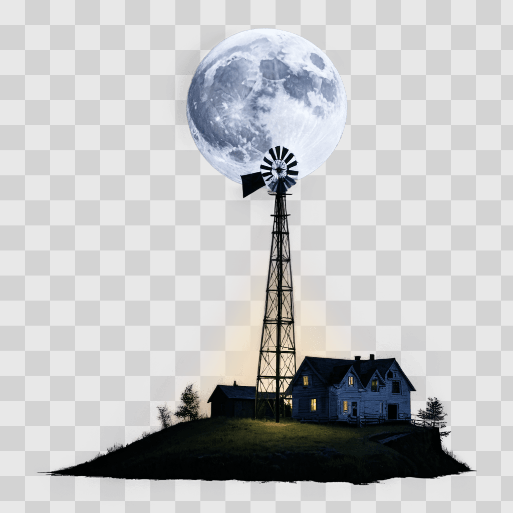 moon drawing realistic A large moon hangs over a small house and a windmill