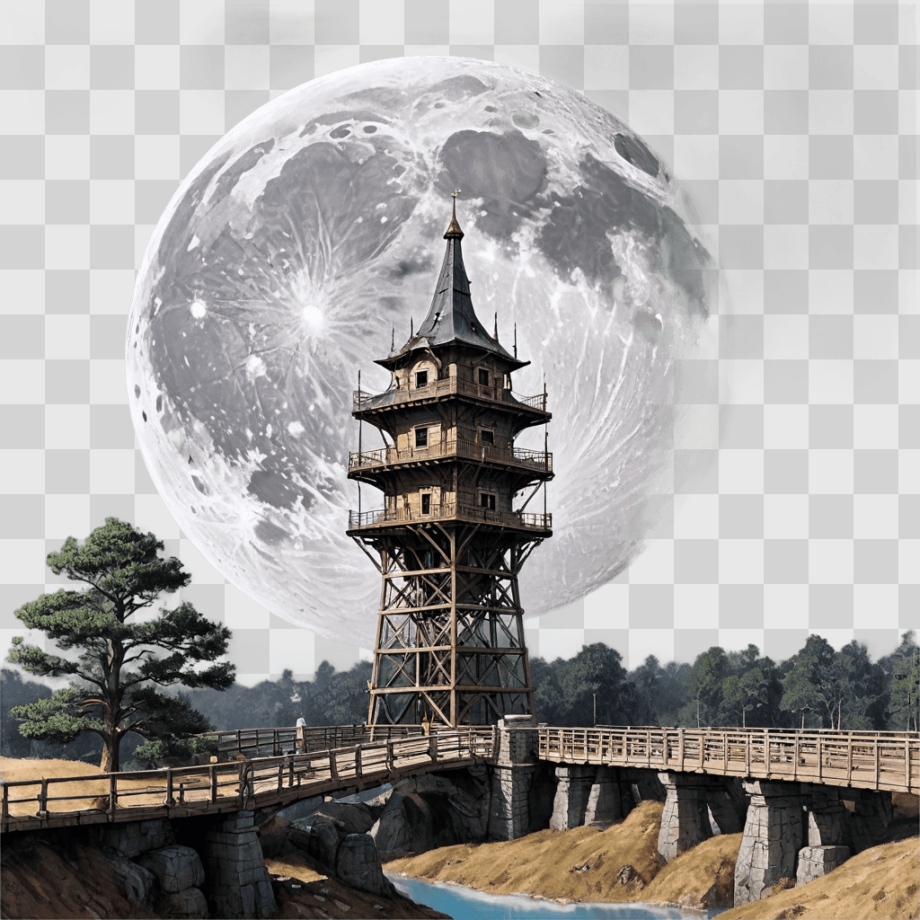 moon drawing realistic A large tower sits in front of a large full moon