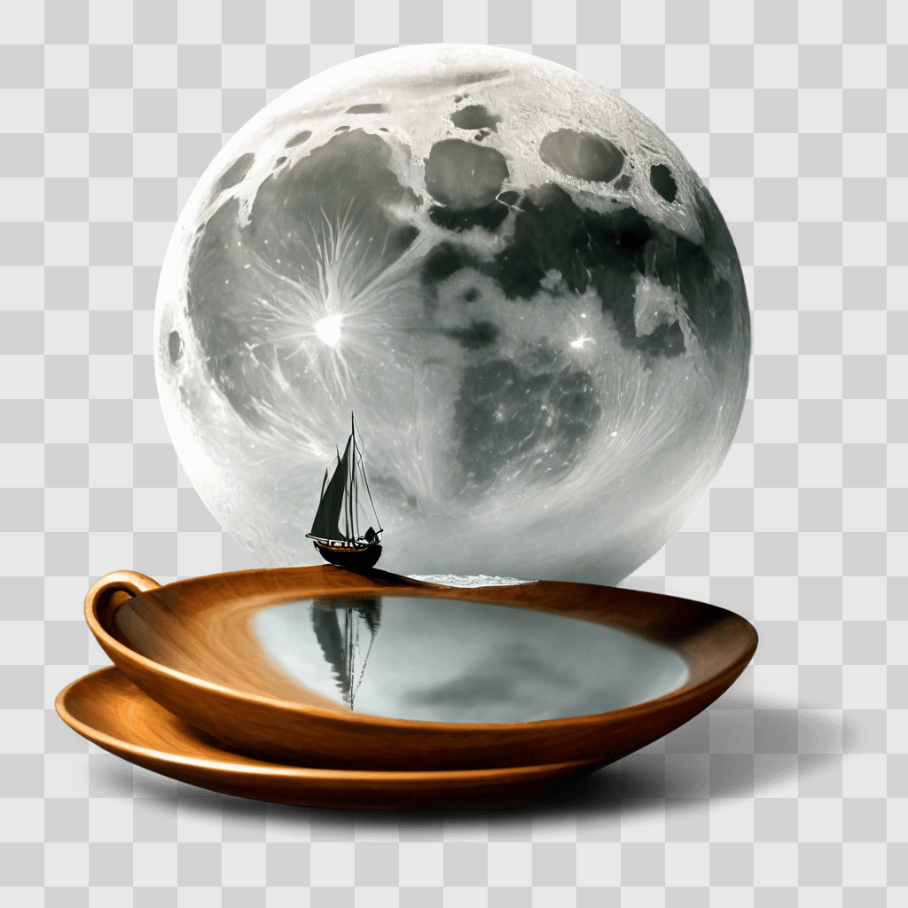 moon drawing realistic A round dish with a boat on it and a large moon in the background