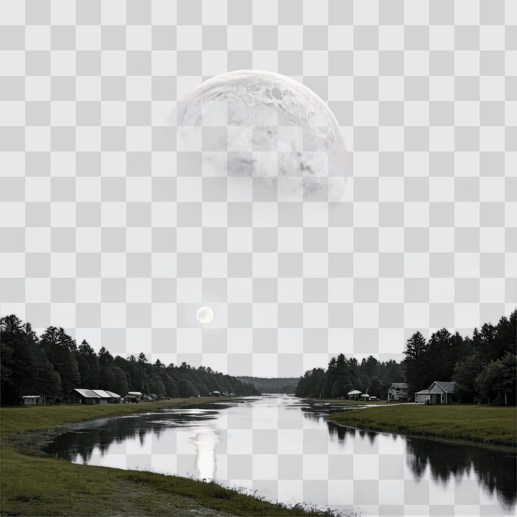 moon drawing realistic A surreal image of a moon above a lake