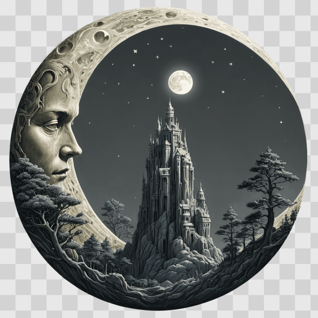 moon drawing realistic A woman gazes at a fantasy castle under the moon