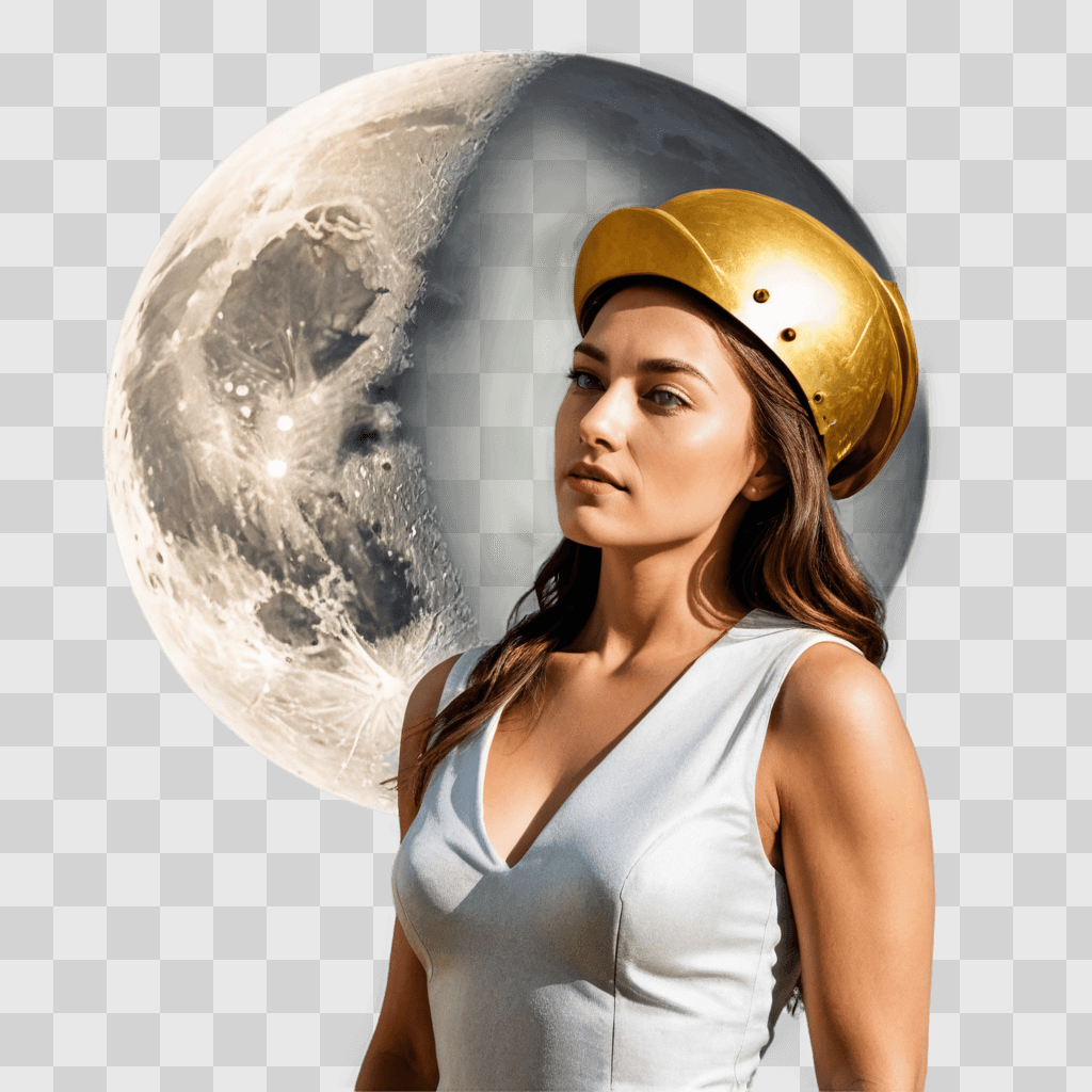 moon drawing realistic A woman in a gold helmet looks at a large moon