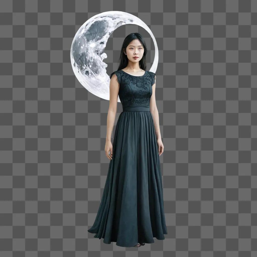 moon drawing realistic A woman wearing a long dress stands in front of a moon