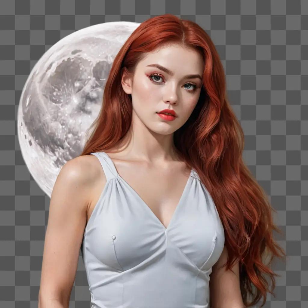 moon drawing realistic A woman with red hair and a white top is standing in front of a moon