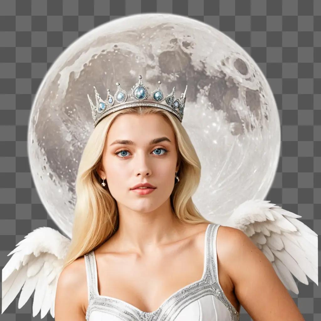 moon drawing realistic Beautiful young woman with a crown and angel wings