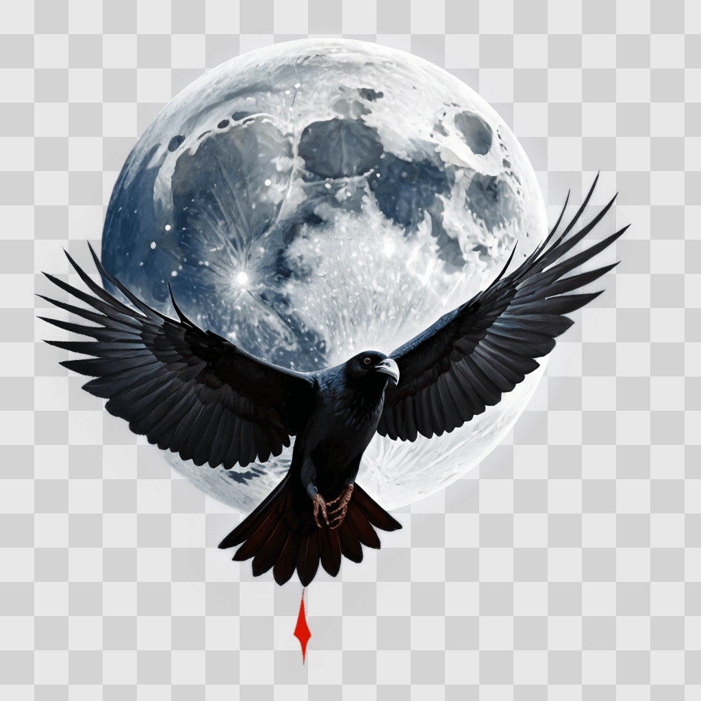 moon drawing with colour A black bird with a red dot flying under a moon