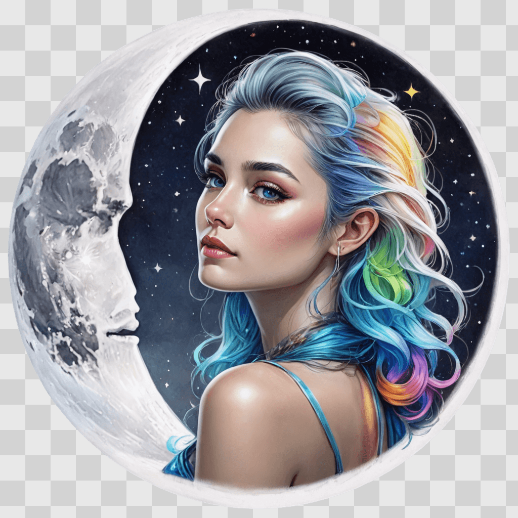 moon drawing with colour A girl with multicolored hair and a face in the moon