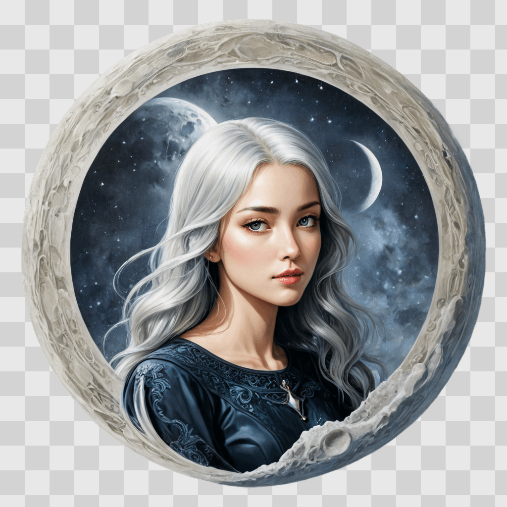 moon drawing with colour A woman with long hair and a necklace in a circle