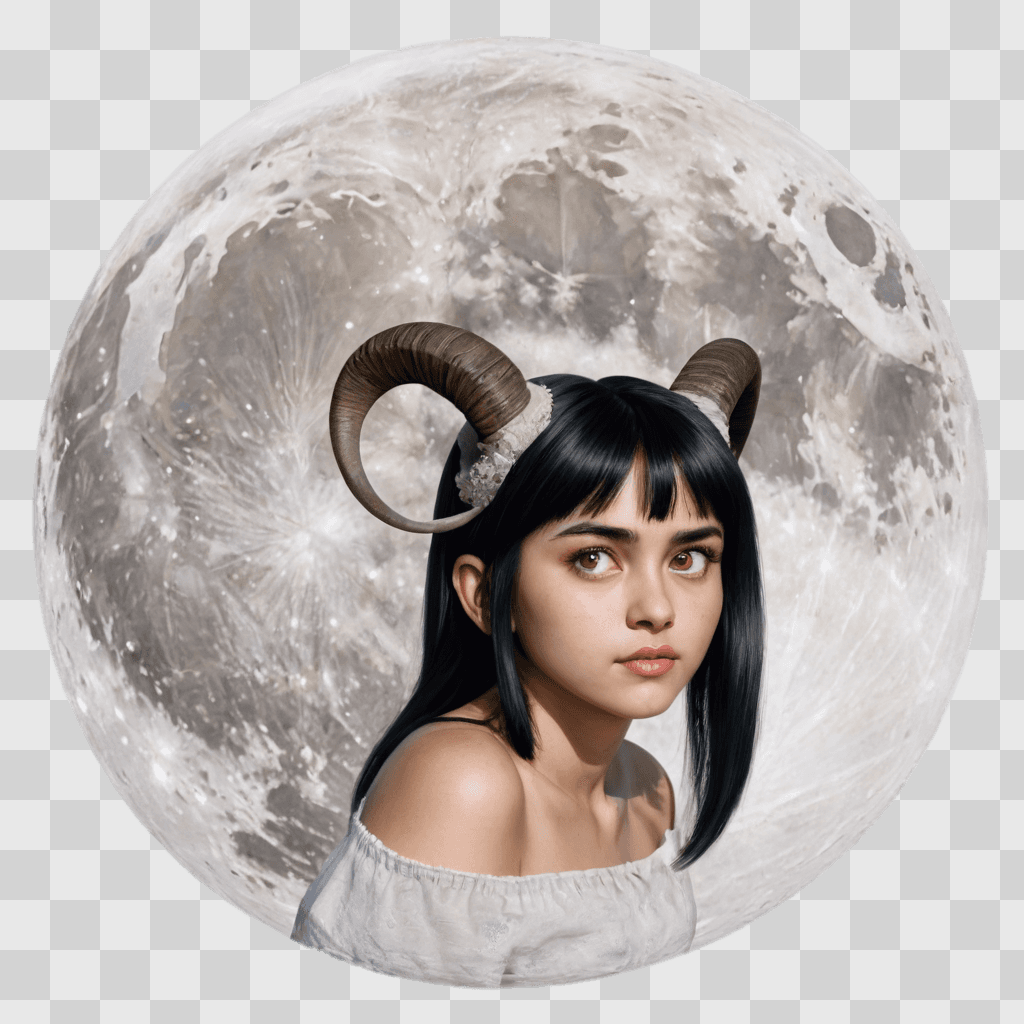 moon drawing with colour An Asian girl with horns in front of a full moon