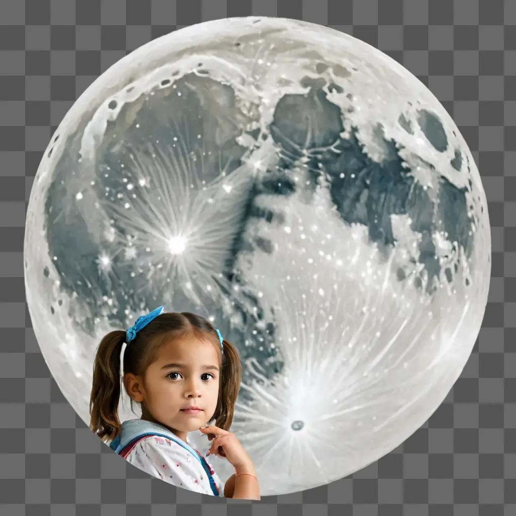 moon drawing with colour Little girl with pigtails in front of a large moon