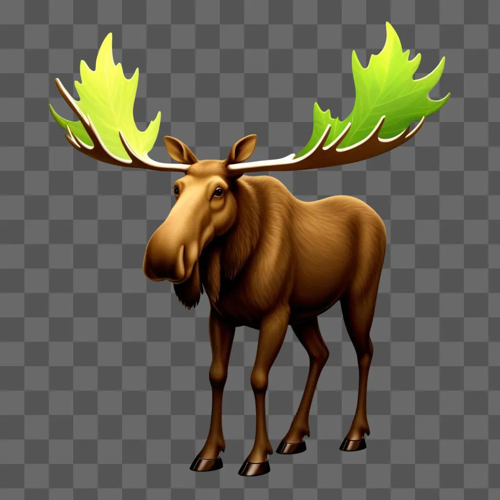 moose with leaf-like antlers stands on a green background