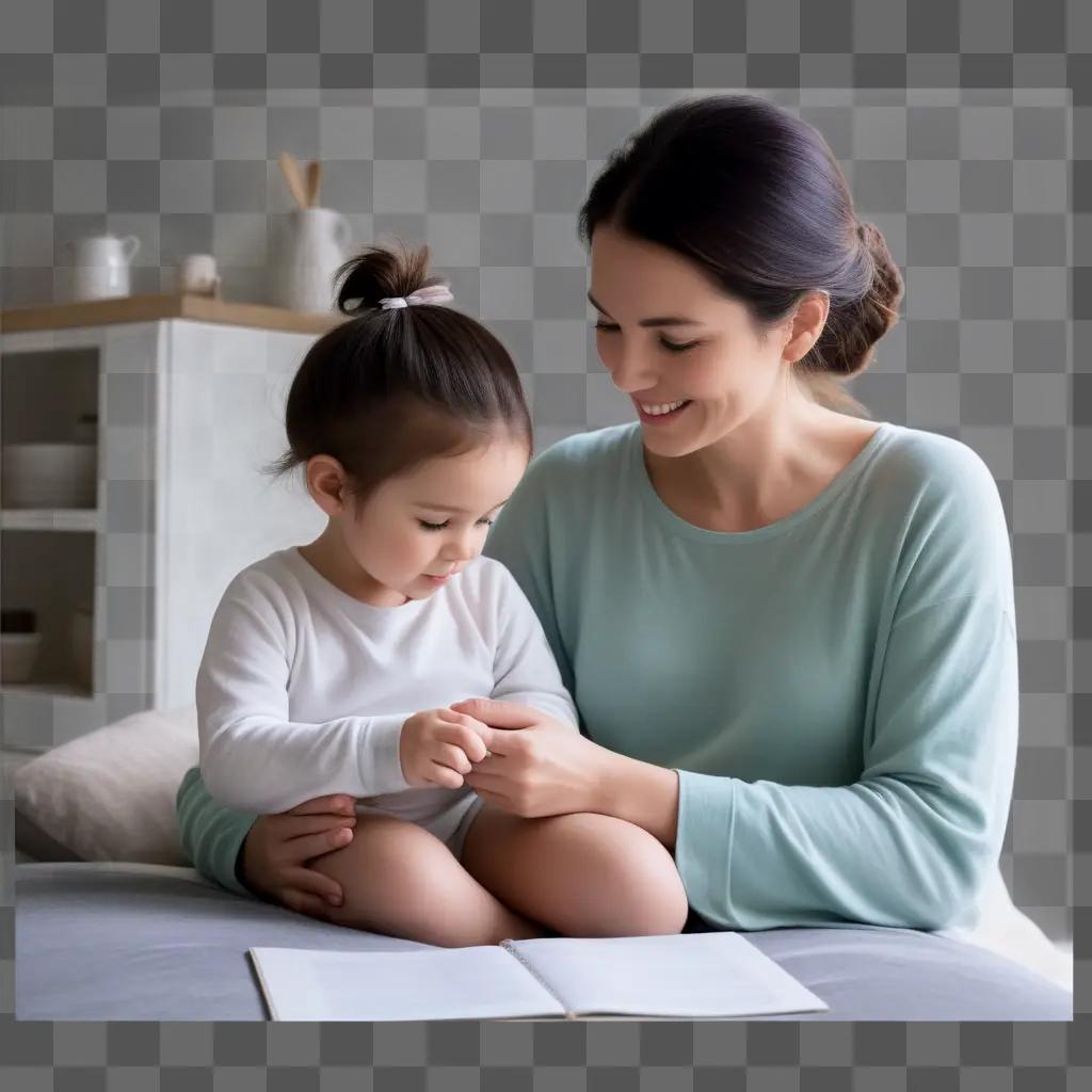 mother reads to her child in the kitchen