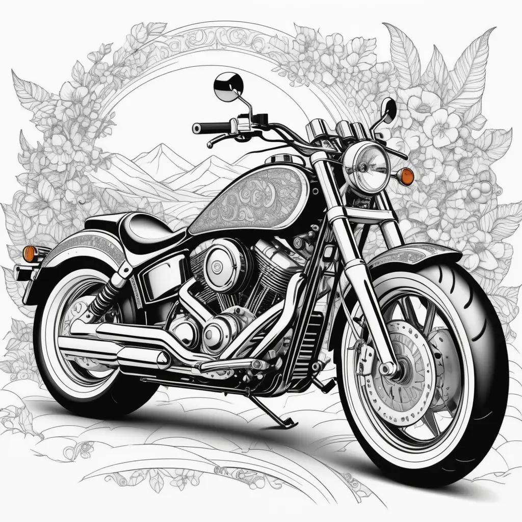 オートバイのぬりえは、オートバイの白黒の絵を特徴としています