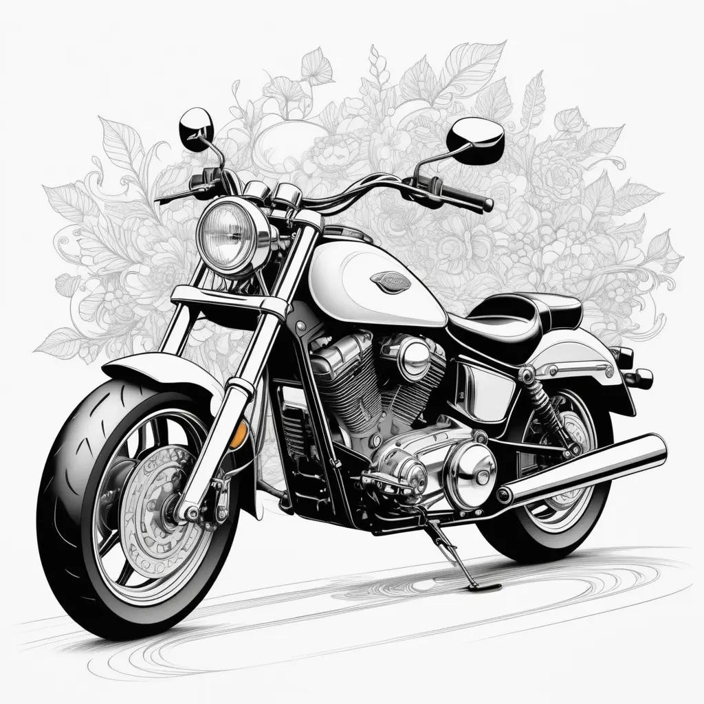 motorcycle sits against a floral background