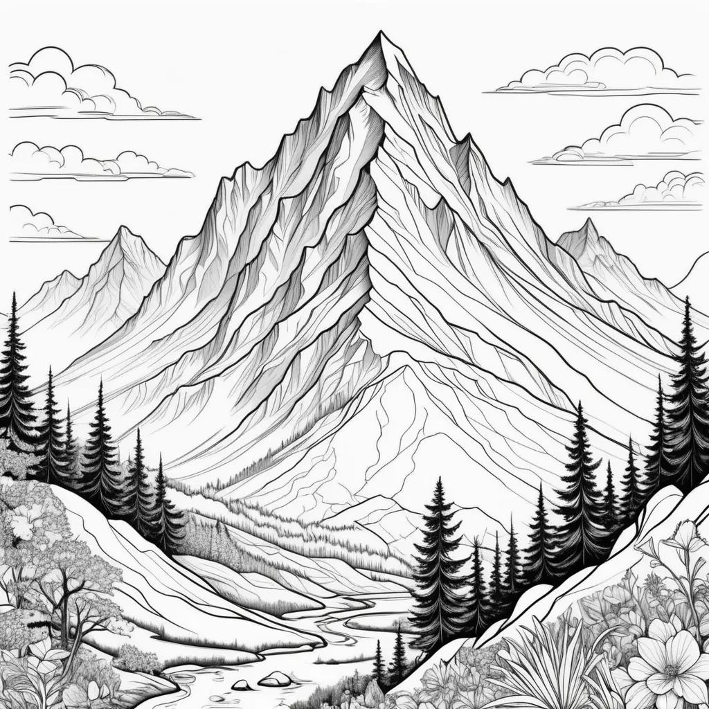 mountain coloring page with a forest and river