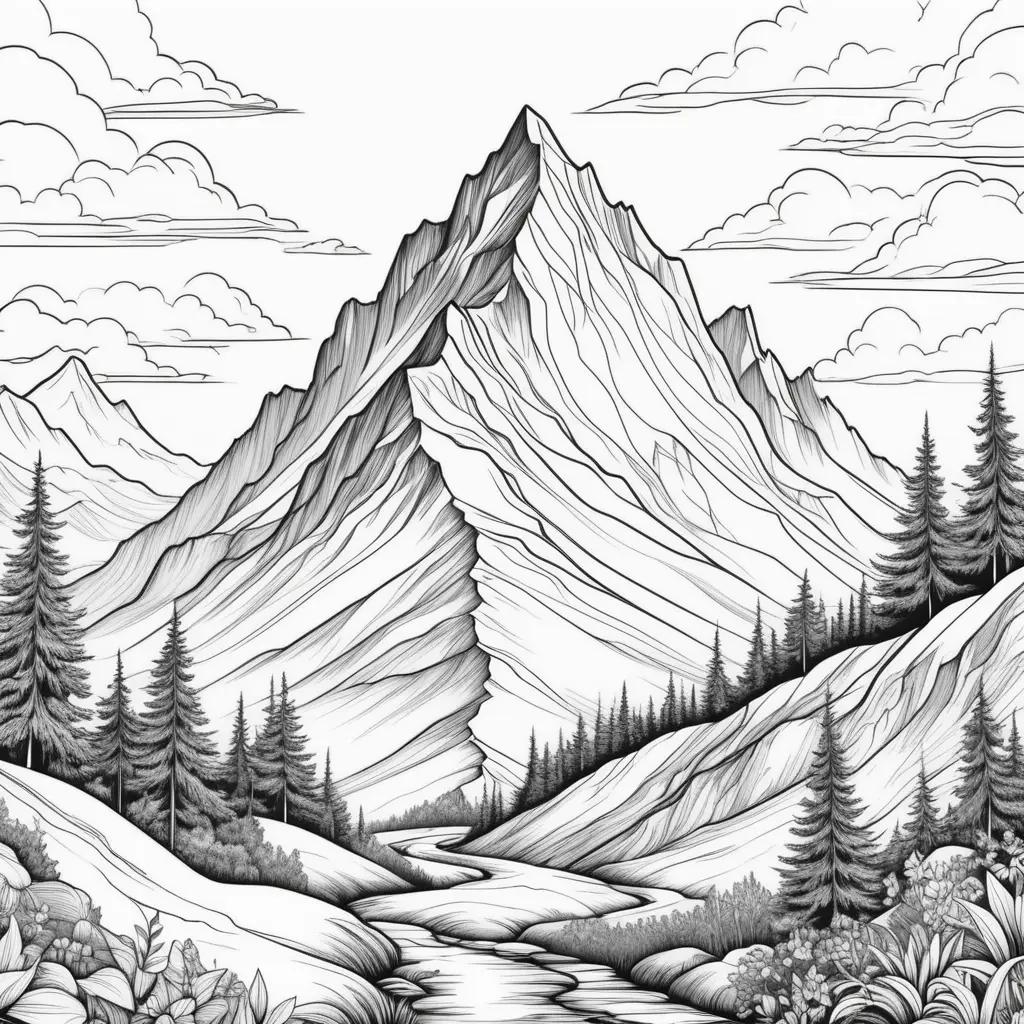 mountain coloring page with a river and trees