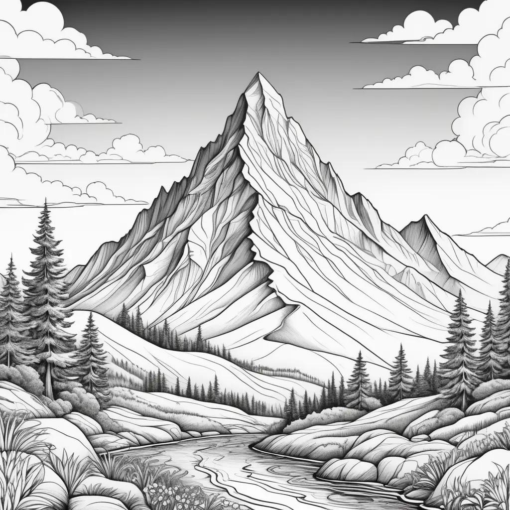 mountain coloring page with a river and trees