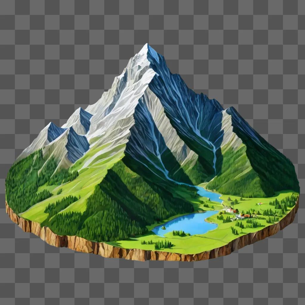 mountain drawing A computer-generated island with a lake and mountains