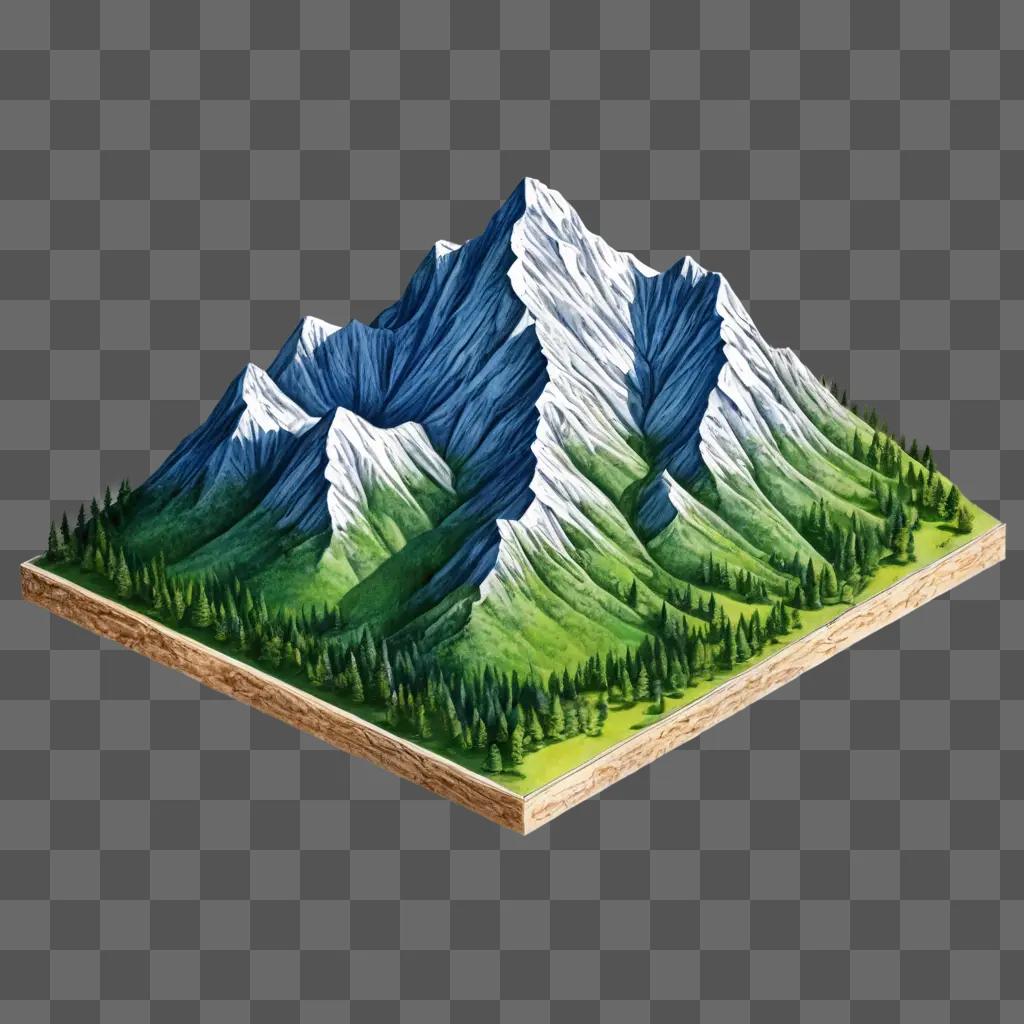 mountain drawing for kids A three-dimensional mountain and forest scene with green grass and pine trees