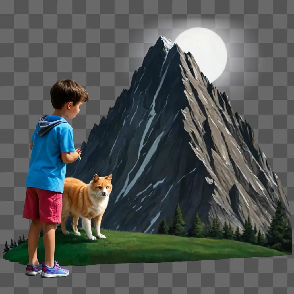 mountain drawing for kids Young boy and dog in front of mountain