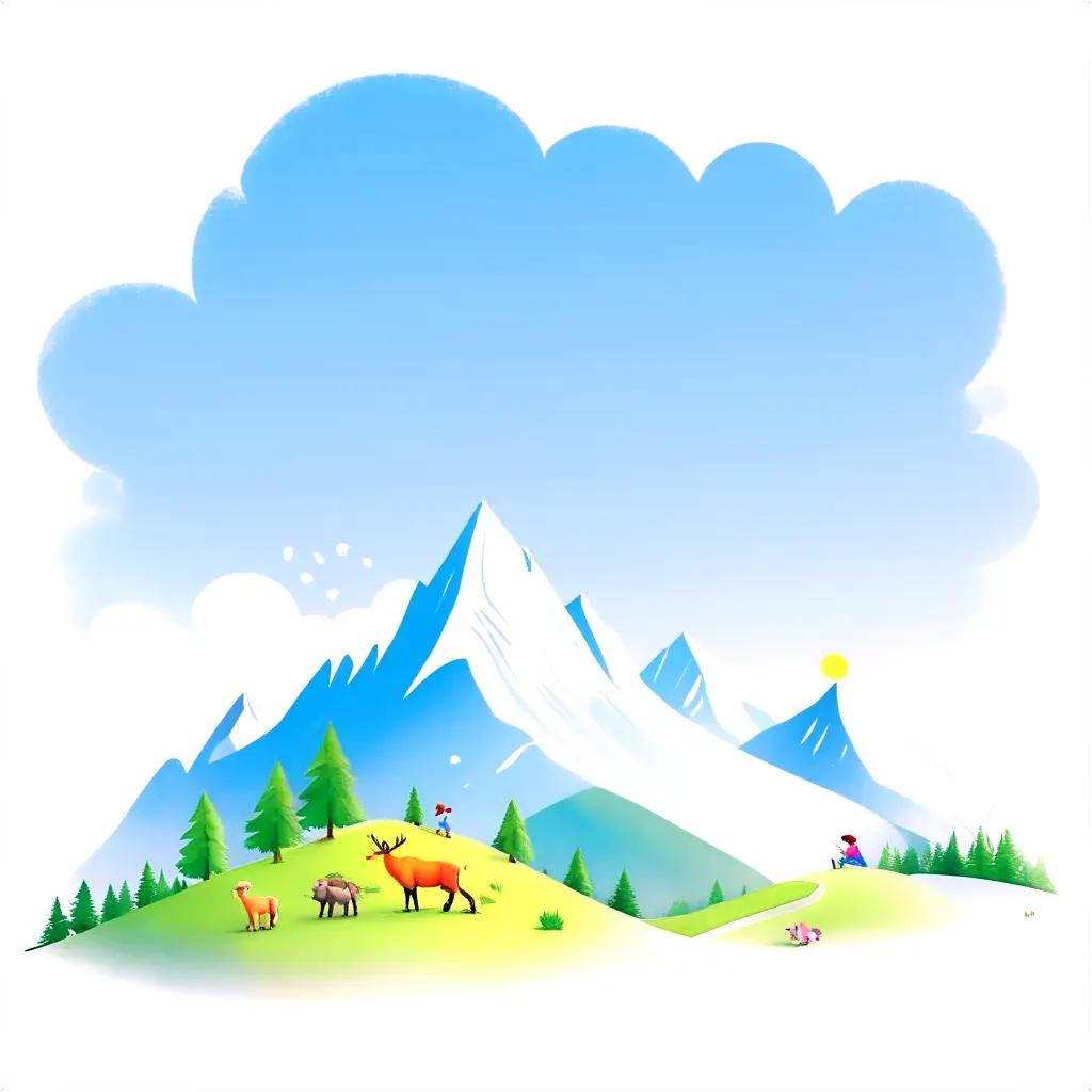 mountain drawing for kids features a snowy peak, trees, and a herd of animals