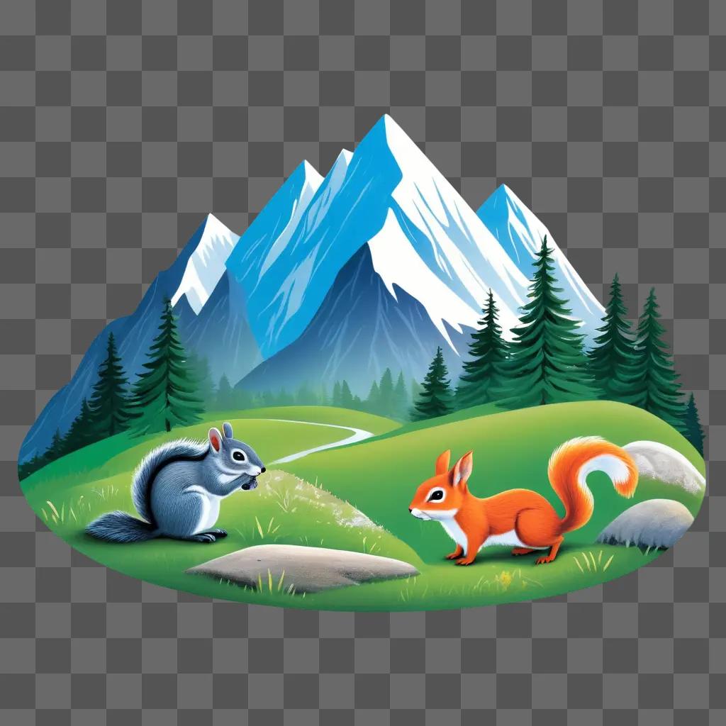 mountain drawing for kids features a squirrel and a fox