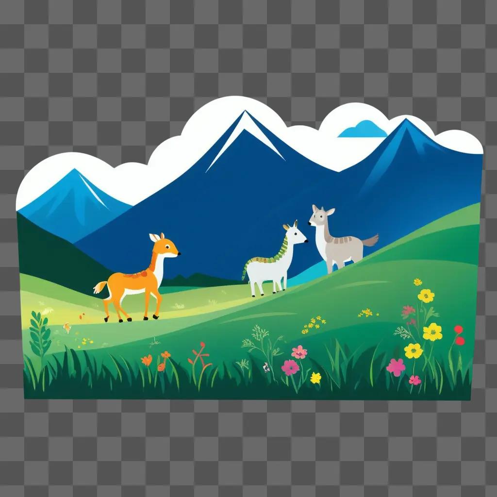 mountain drawing for kids features animals and flowers