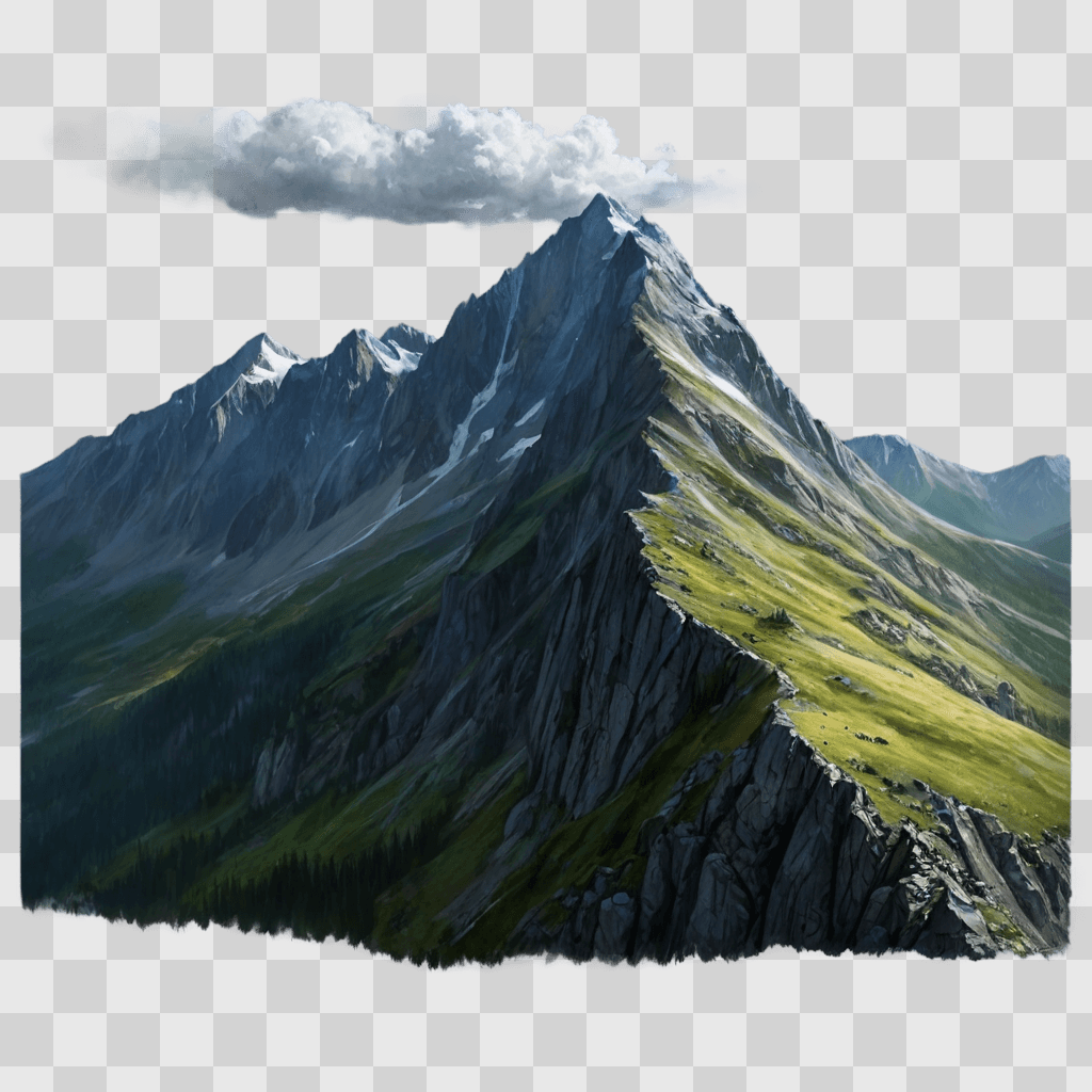 mountain drawing realistic A majestic mountain range bathed in a dramatic light