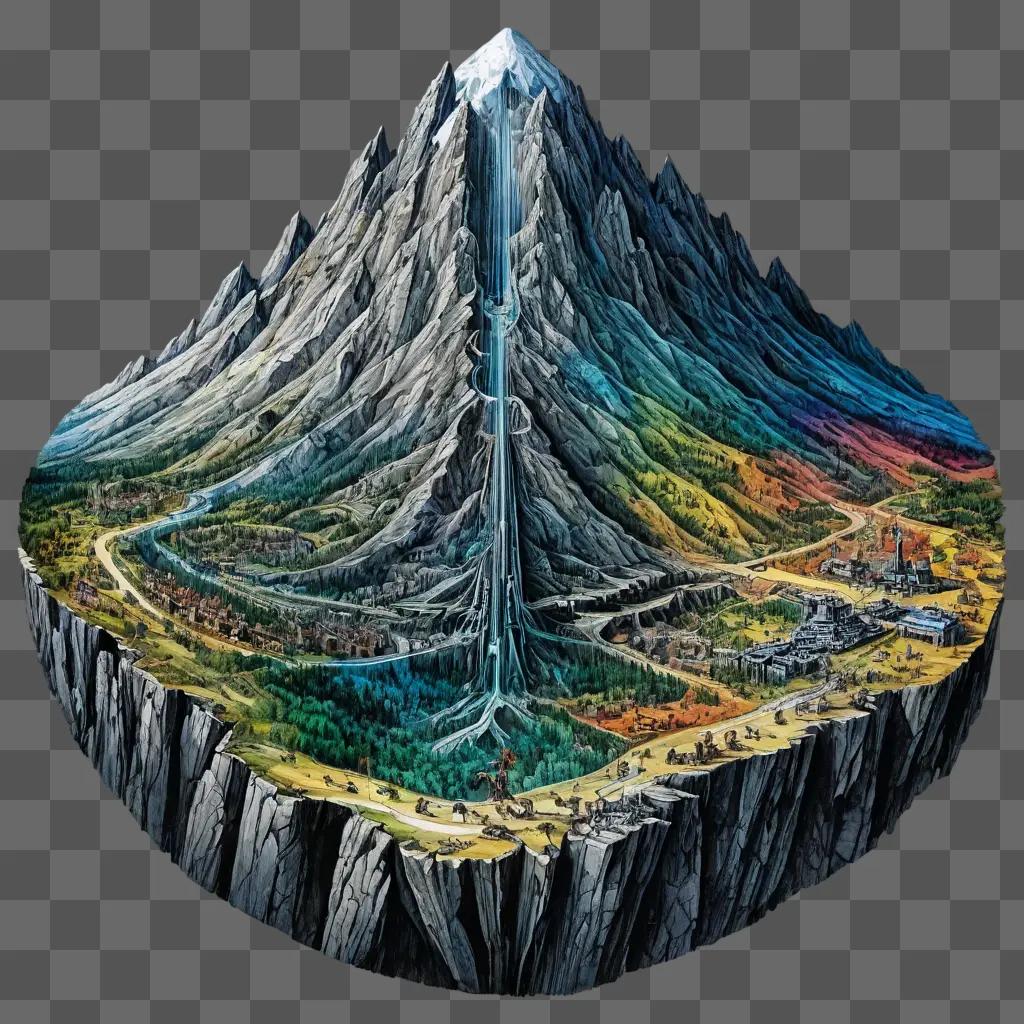 mountain drawing with colour A colorful 3D illustration of a mountain and surrounding landscape