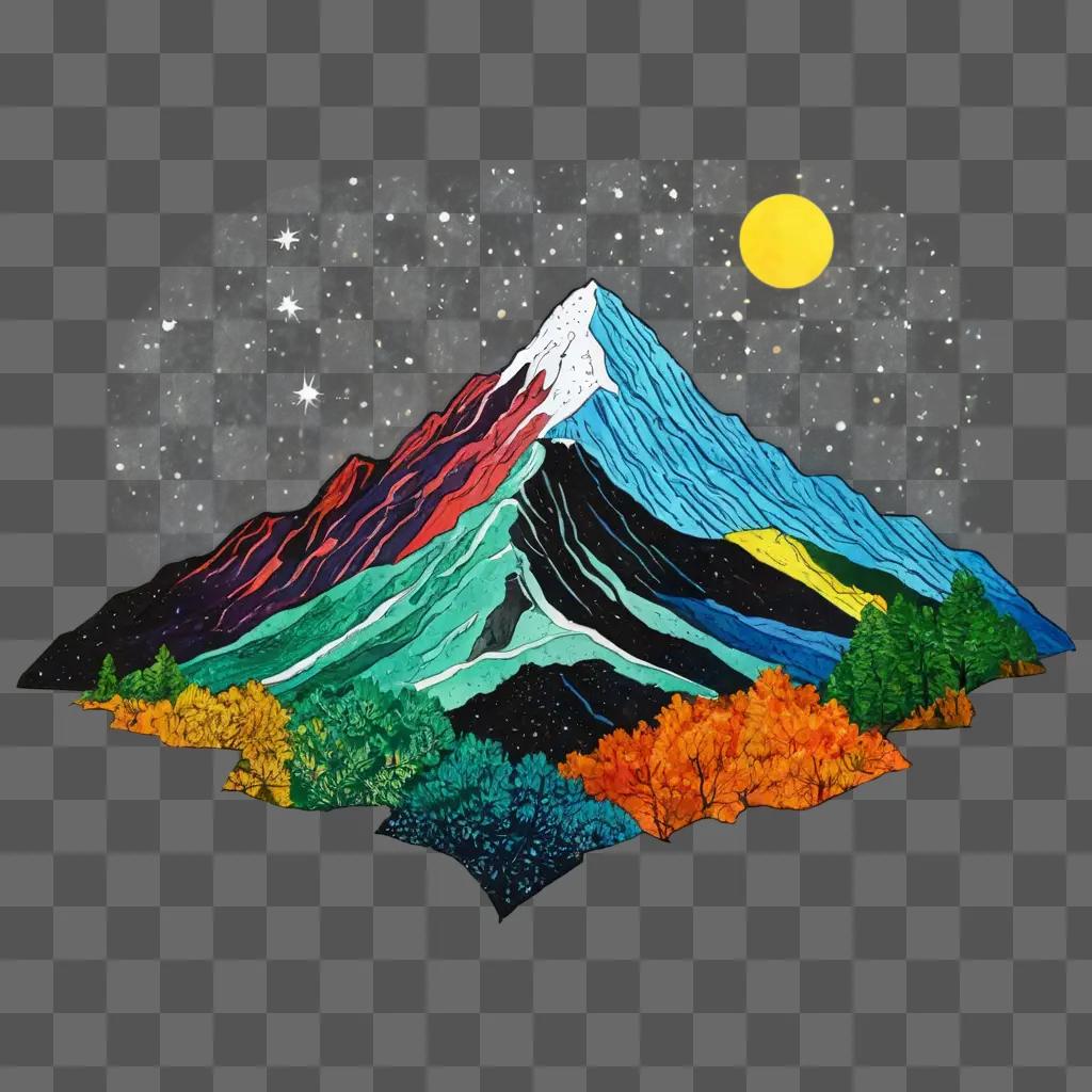 mountain drawing with colour A colorful mountain with a starry sky in the background